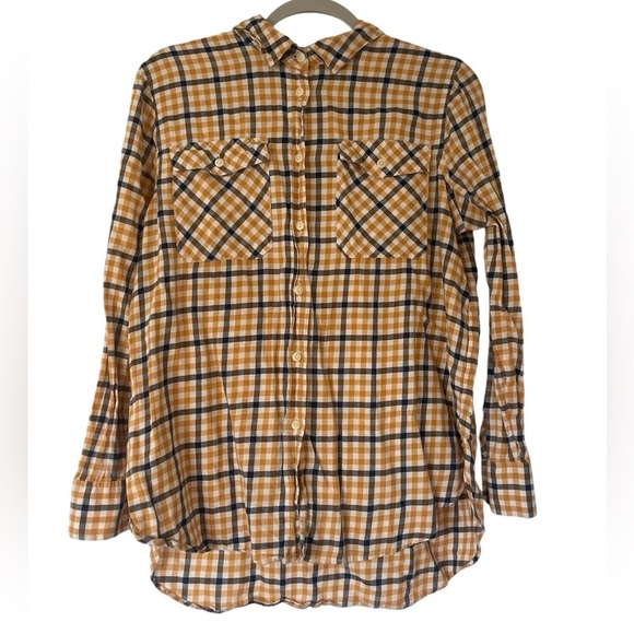 J. Crew Tops - J. Crew Women’s Boyfriend Flannel Shirt Yellow Navy Plaid Pockets Button Up Top